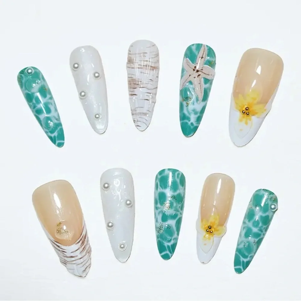 Elegant Ocean Press On Nail Art Set Blue & Cream 10 pc Long Length Reusable NWT